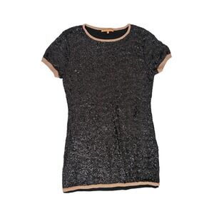 Silvian Heach Black Sequin Mini Dress Short Sleeve Rose Gold Trim Size S
